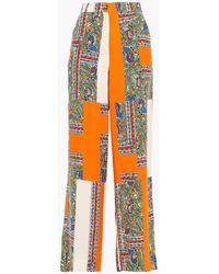 Tory Burch Belted Floral-print Silk-satin Jacquard Dress in White Womens Clothing Trousers Slacks and Chinos Wide-leg and palazzo trousers 
