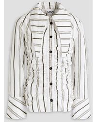 Ganni - Ruched Striped Cotton-poplin Shirt - Lyst