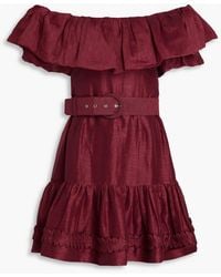 Rebecca Vallance - Tiered Belted Linen And Silk-blend Faille Mini Dress - Lyst