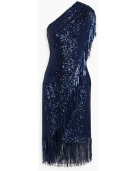 Badgley Mischka - One-shoulder Wrap-effect Sequined Mesh Midi Dress - Lyst