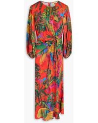 FARM Rio - Bead-embellished Ruched Printed Satin Midi Dress - Lyst