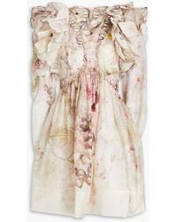 Zimmermann - Minikleid aus einer leinen-seidenmischung mit floralem print, rüschen und verzierung - Lyst