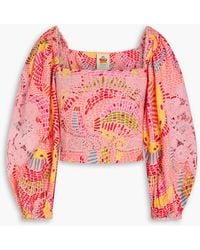 FARM Rio - Cropped Lace-paneled Printed Cotton-gauze Top - Lyst