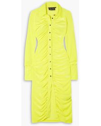 Quinn - Ruched Neon Stretch-velvet Midi Shirt Dress - Lyst
