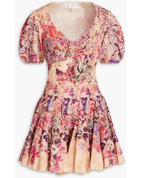 Hemant & Nandita - Leah Shirred Floral-print Cotton And Linen-blend Mini Dress - Lyst