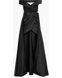 Rhea Costa - Convertible Off-the-shoulder Draped Satin Gown - Lyst