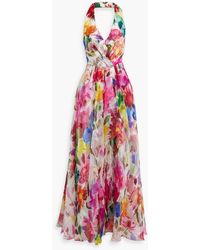 Badgley Mischka - Floral-print Silk-organza Halterneck Gown - Lyst