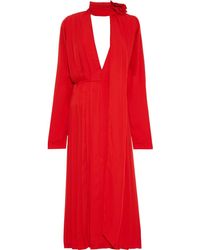 Victoria Beckham Floral Appliquéd Tie-neck Pleated Crepe De Chine Midi Dress - Red