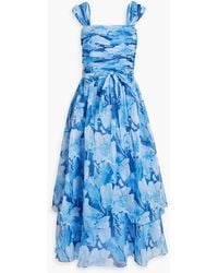 Mikael Aghal - Ruched Tiered Floral-print Organza Midi Dress - Lyst