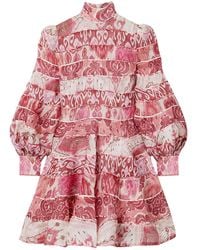 Zimmermann Wavelength Panelled Printed Linen And Silk-blend Mini Dress - Pink