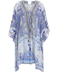 Camilla Embellished Lace-up Silk Crepe De Chine Kaftan Light Blue