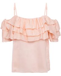 Maje Lovant Cold-shoulder Ruffled Satin Top Peach - Multicolour