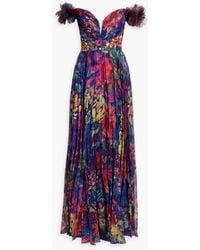 Marchesa - Off-the-shoulder Pleated Floral-print Chiffon Gown - Lyst