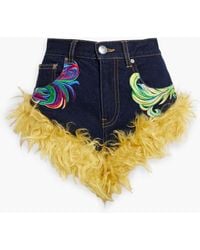 Area - Faux Fur-trimmed Embroidered Denim Shorts - Lyst