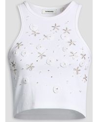 Sandro - Cropped Embellished Ribbed Cotton-Blend Jersey Tank - Lyst
