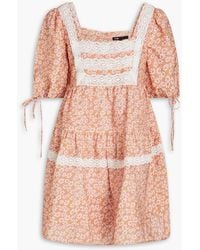 Maje - Crocheted Lace-trimmed Floral-print Linen-blend Mini Dress - Lyst