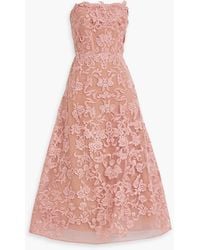 Marchesa - Strapless Floral-Appliquéd Corded Lace Midi Dress - Lyst