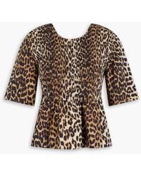Ganni - Leopard-print Cotton-poplin Peplum Top - Lyst