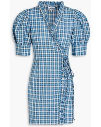 Ganni - Checked Cotton-blend Seersucker Mini Wrap Dress - Lyst
