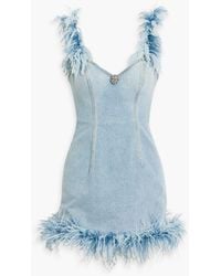 Area - Embellished Feather-trimmed Denim Mini Dress - Lyst