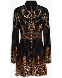 CAMILLA - Crystal-Embellished Printed Silk Crepe De Chine Mini Shirt Dress - Lyst