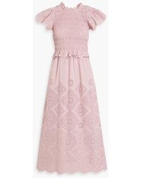 Sea - Vienne Cutout Shirred Broderie Anglaise Cotton Midi Dress - Lyst