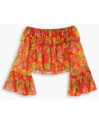 Caroline Constas - Thelma Off-the-shoulder Cropped Ruffled Floral-print Silk-chiffon Top - Lyst