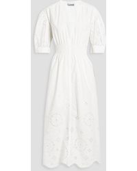 Ganni Shirred Organic Broderie Anglaise Cotton Midi Dress - White