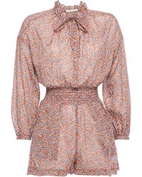 Maje Pussy-bow Printed Cotton-voile Playsuit Light Brown