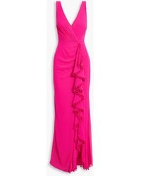 Badgley Mischka - Pompom-trimmed Draped Crepe Gown - Lyst