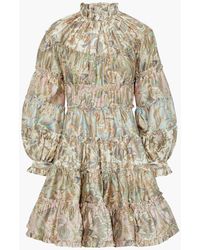 Zimmermann - Ladybeetle Tiered Printed Wool And Silk-blend Satin-twill Mini Dress - Lyst