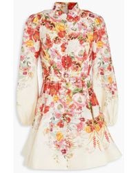 Zimmermann - Belted Floral-print Linen Mini Dress - Lyst