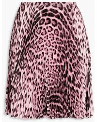 Roberto Cavalli - Pleated Leopard-print Satin-twill Mini Skirt - Lyst