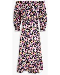 Saloni - Grace Off-The-Shoulder Floral-Print Silk Crepe De Chine Midi Dress - Lyst