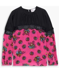 RED Valentino - Paneled Lace-trimmed Floral-print Silk Crepe De Chine Blouse - Lyst