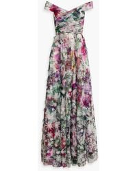 Marchesa - Off-the-shoulder Pintucked Floral-print Tulle Gown - Lyst