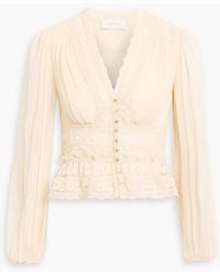 Zimmermann - Lace-Paneled Silk-Crepon Peplum Top - Lyst