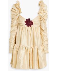 Zimmermann - Floral-appliquéd Ruched Silk-shantung Mini Dress - Lyst