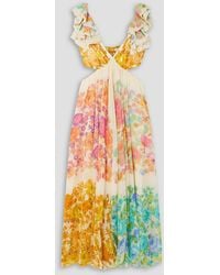 Zimmermann - Raie Cutout Ruffled Printed Cotton And Silk-blend Chiffon Midi Dress - Lyst