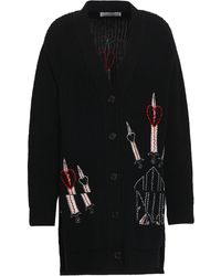 Valentino Embellished Ribbed Wool And Cashmere-blend Cardigan Black