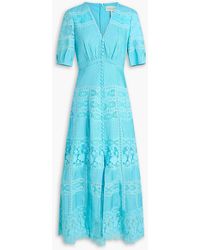 Saloni - Lea Lace-Paneled Cotton Midi Dress - Lyst