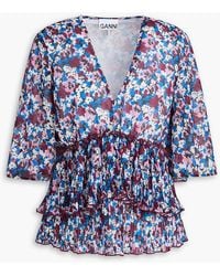 Ganni - Pleated Floral-Print Georgette Top - Lyst