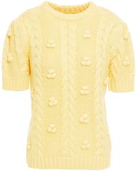 Shrimps Elea Pompom-embellished Cable-knit Merino Wool-blend Top Pastel Yellow