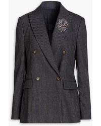 Brunello Cucinelli - Crystal-embellished Pinstriped Wool-blend Flannel Blazer - Lyst