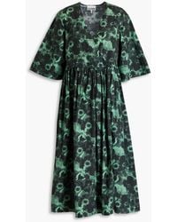 Ganni - Wrap-effect Floral-print Cotton-poplin Midi Dress - Lyst
