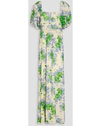 Ganni - Gathered Floral-print Stretch-mesh Maxi Dress - Lyst