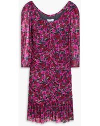 Ganni - Minikleid aus stretch-satin mit floralem print und raffungen - Lyst