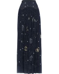 Camilla Crepe De Chine-paneled Embellished Printed Tulle Maxi Skirt - Blue