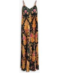 FARM Rio - Pleated Floral-Print Satin Maxi Slip Dress - Lyst
