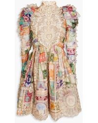 Zimmermann - Minikleid aus einer leinen-seidenmischung mit floralem print und spitzeneinsätzen - Lyst